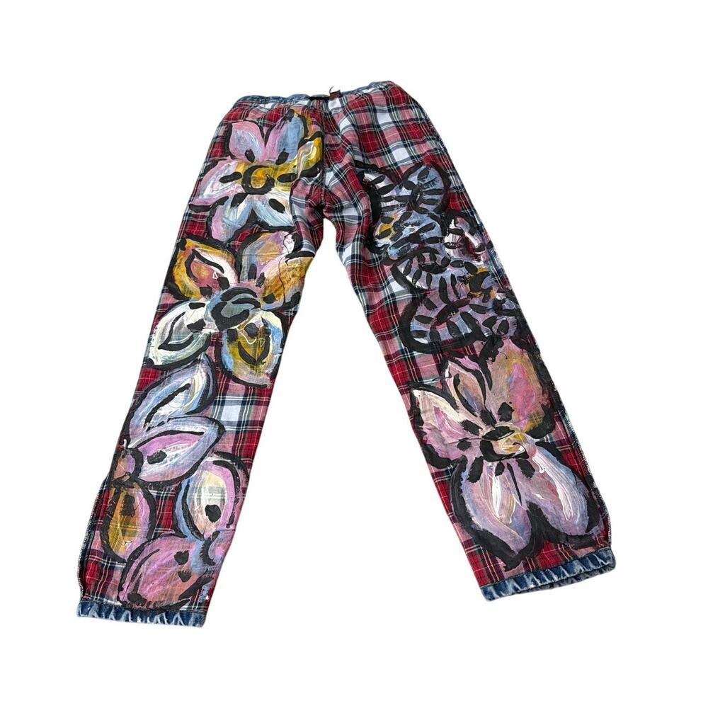 LA WILTBANKS Upcycled Handpainted Floral Flannel Jeans Womens Size 6 Plaid Art